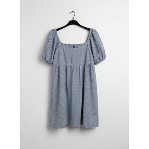 Old Navy Gingham Babydoll Dress Navy Blue White Puff Sleeve Smocked Back XL